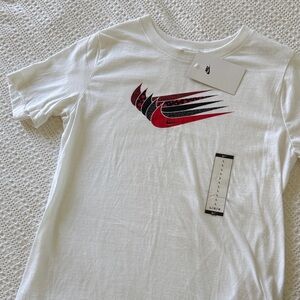 Nike White Tee with Dynamic Red and Black Swoosh